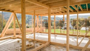 Framing of a new wooden house under construction