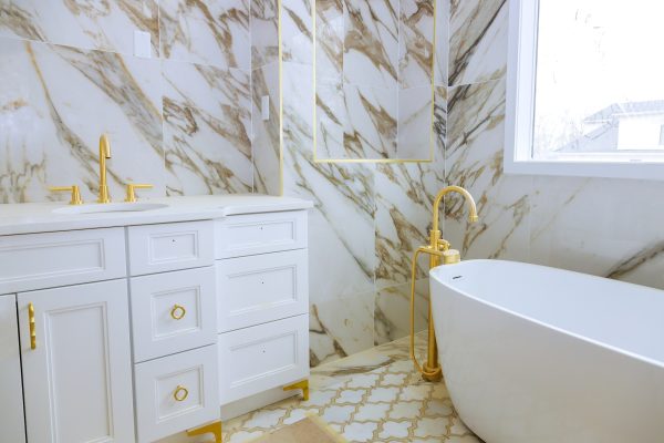 Bathroom interior bathtub sinks, shower, ceramic floor