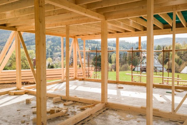 Framing of a new wooden house under construction